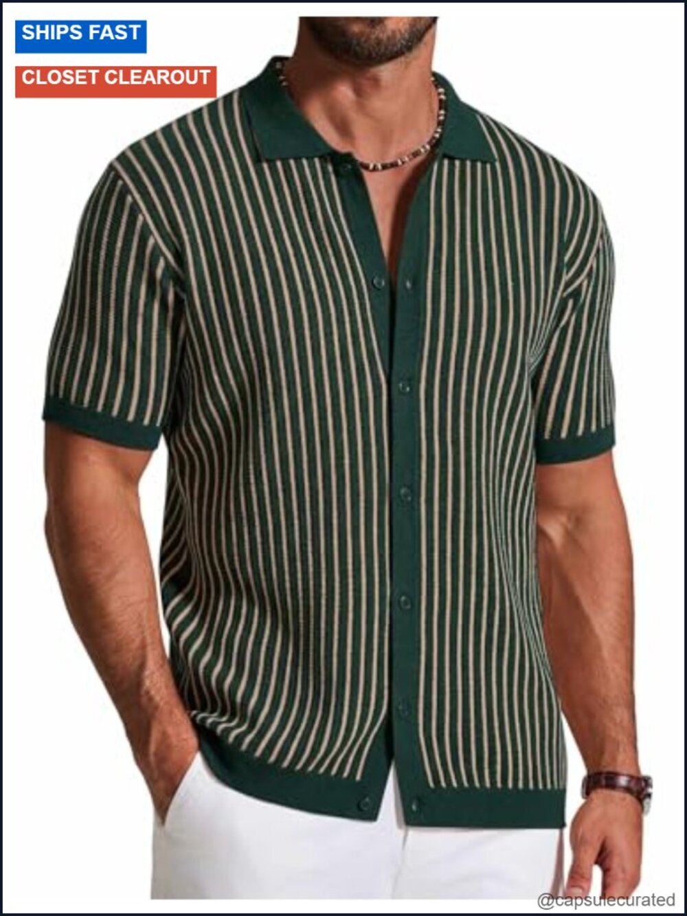 Vintage Striped Knit Button Down Polo Shirt, Short Sleeve, Breathable, Mens